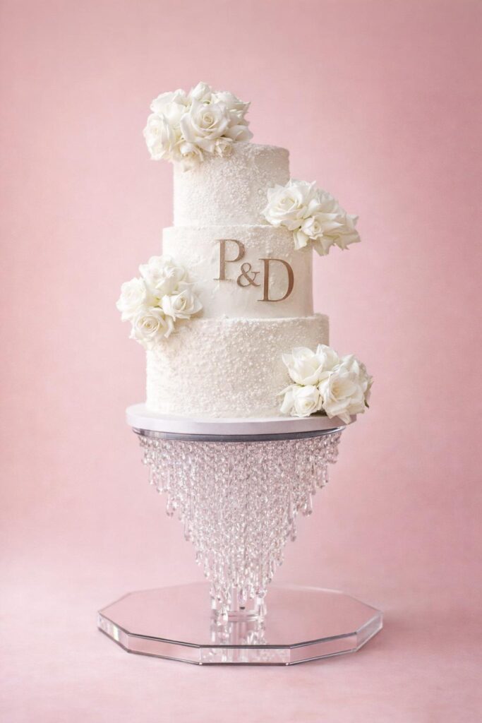Wedding cakes Miami — multi-tier all-white textured buttercream design with cascading white florals, pearl detailing, and gold monogram topper created by Luxe Layers Cakery in Miami Florida