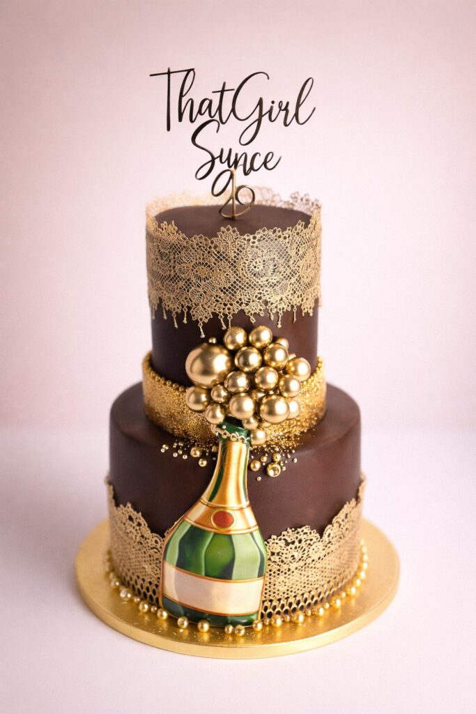 Two-tier luxury champagne and lace birthday cake with edible gold lace trim, gold pearl accents, and champagne bottle decoration created by Luxe Layers Cakery in Miami Florida for a 28th birthday celebration.
