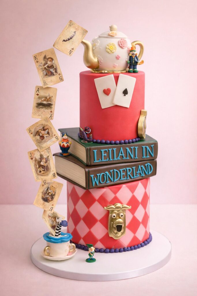Wonderland themed tiered birthday cake with playing cards and storybook decorations created in Miami