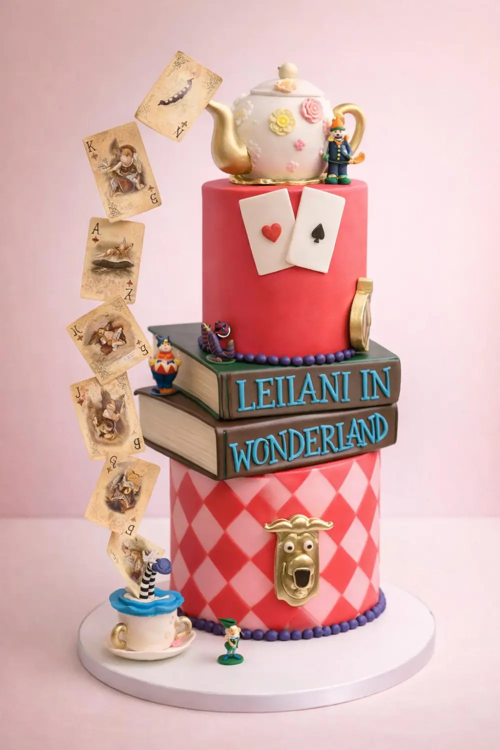 Alice in Wonderland-themed birthday cake with Mad Hatter tea party characters and fondant accents — kids birthday cakes Miami by Luxe Layers Cakery