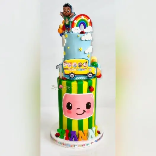Cocomelon-themed toddler birthday cake with watermelon and character fondant decorations — kids birthday cakes Miami by Luxe Layers Cakery