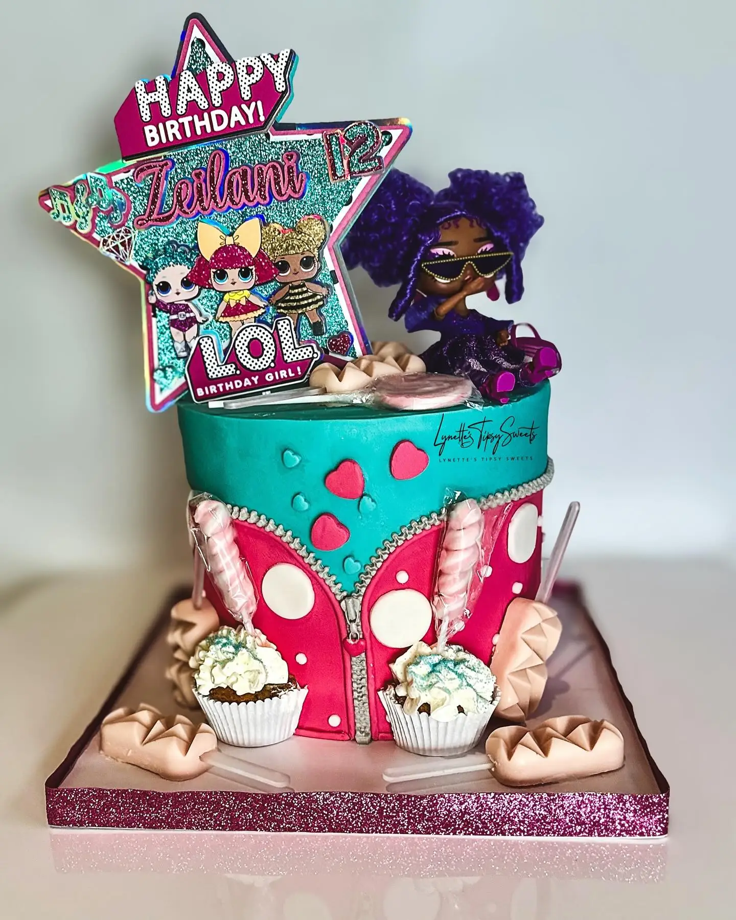 Doll-themed fashion 12th birthday cake with dress skirt fondant design and glamour accents — kids birthday cakes Miami by Luxe Layers Cakery
