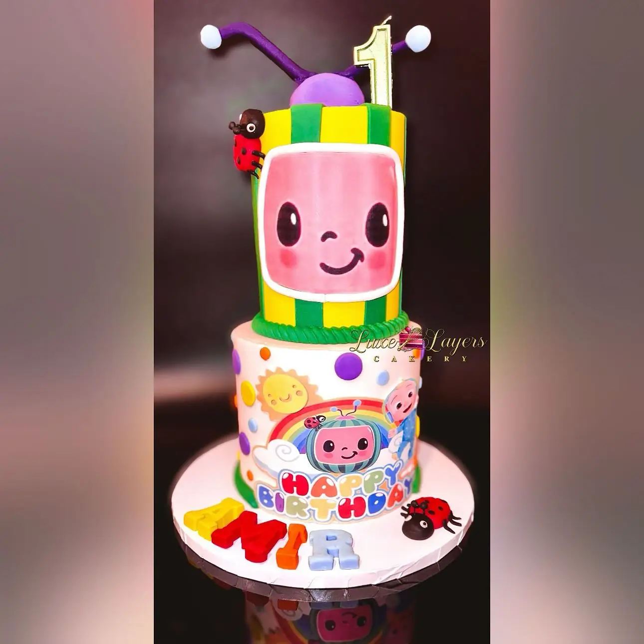 Colorful fondant ladybug first birthday cake with red, black, and white character accents — kids birthday cakes Miami by Luxe Layers Cakery