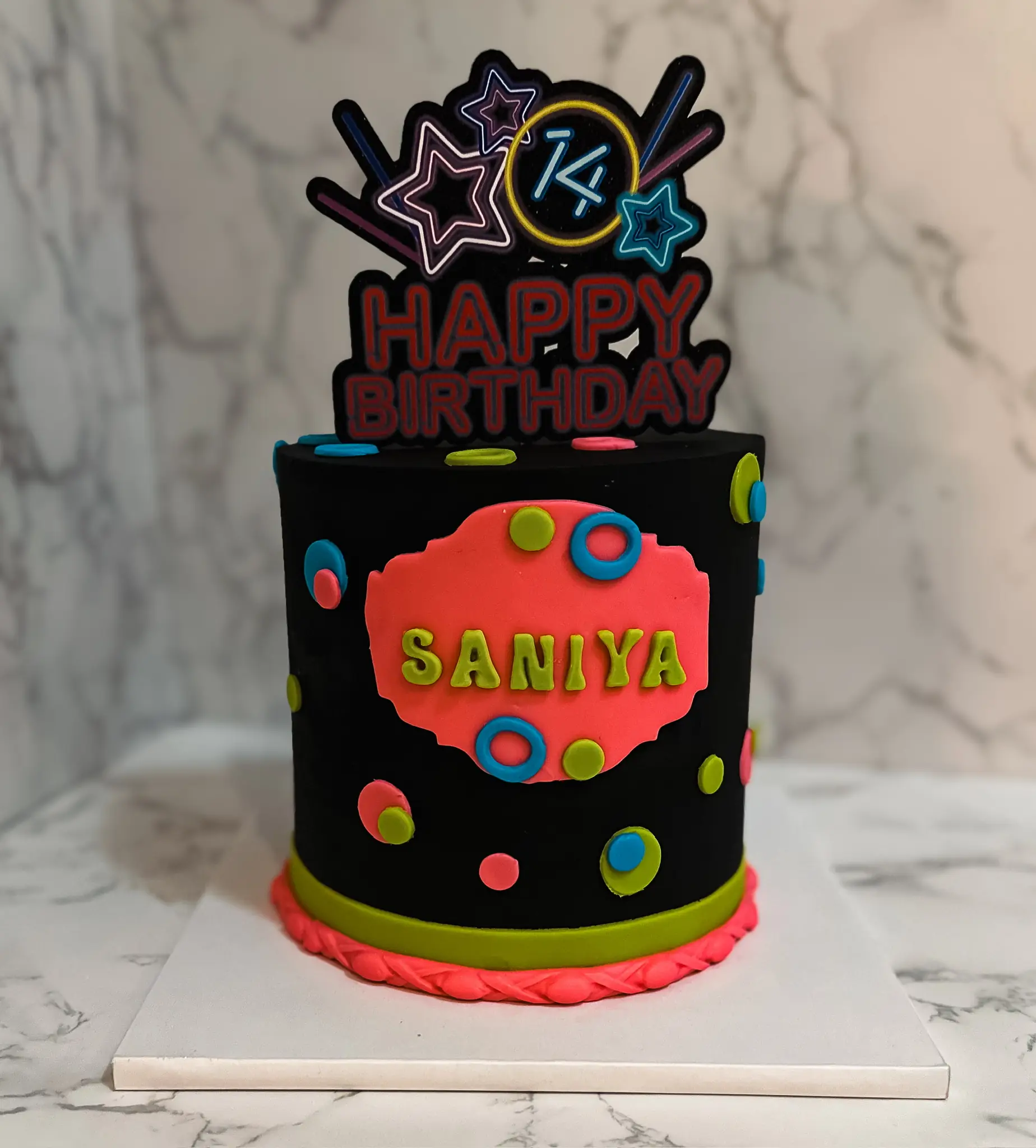 Black fondant neon glow party 14th birthday cake with vibrant neon accents and personalized topper — kids birthday cakes Miami by Luxe Layers Cakery