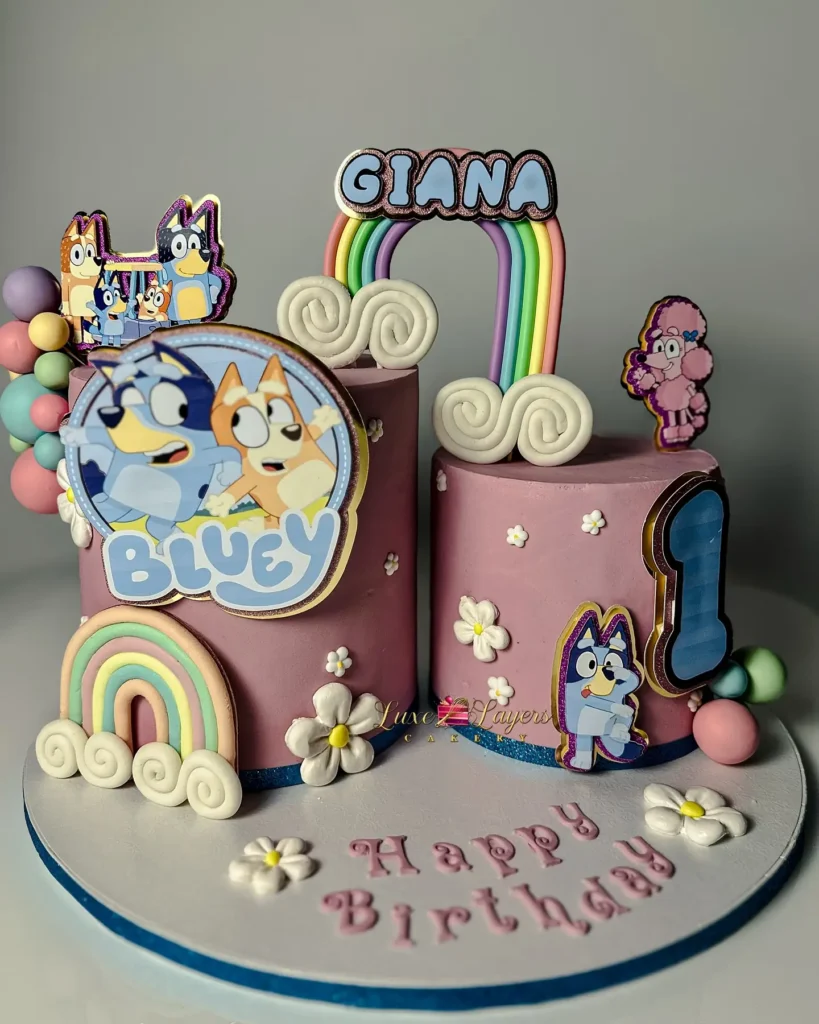 Two-tier themed first birthday cake set with fondant decorations and milestone accents — kids birthday cakes Miami by Luxe Layers Cakery