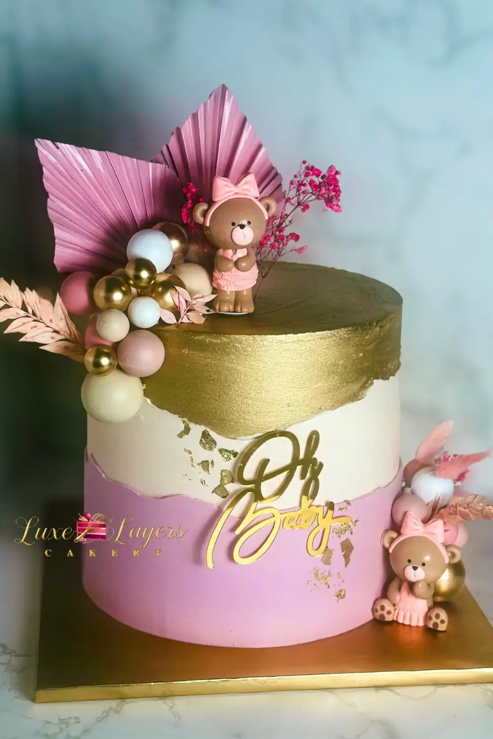Strawberry blush and gold custom baby shower cake Miami with Oh Baby topper by Luxe Layers Cakery