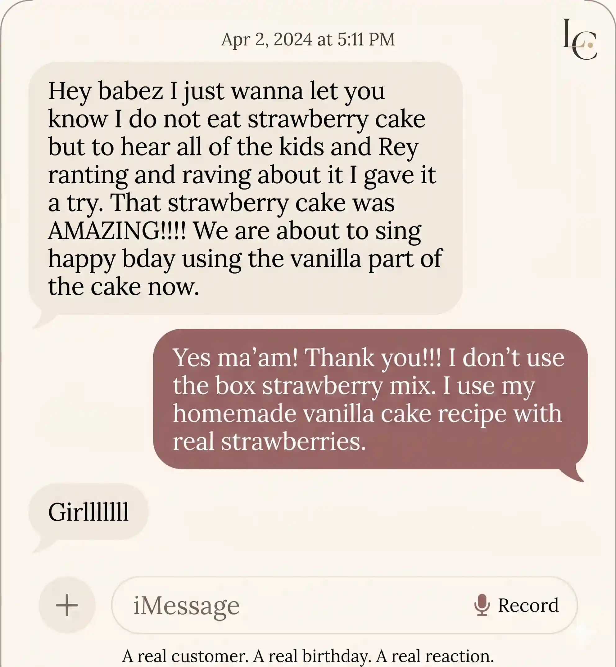 Real customer reaction to Luxe Layers Cakery strawberry cake Miami — WhatsApp message calling it AMAZING at a birthday party