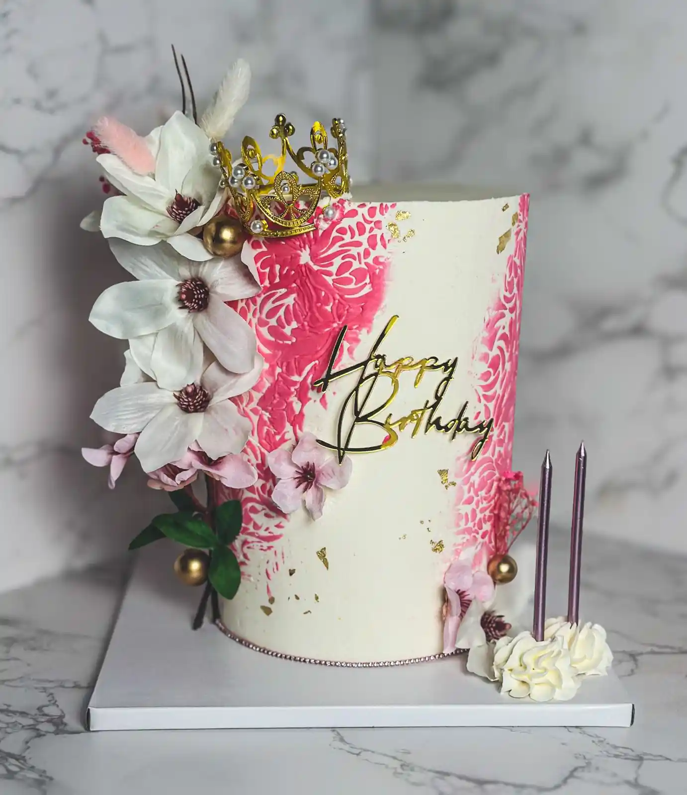 Piña Colada cake Miami pink stencil magnolia gold crown design Luxe Layers Cakery