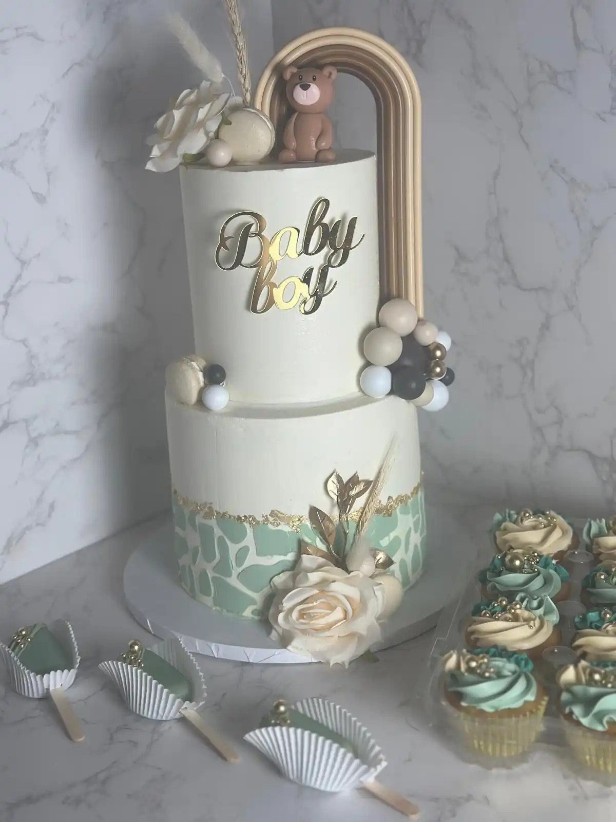 Piña Colada cake Miami two tier teal celebration design Luxe Layers Cakery