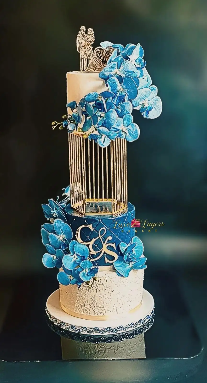 red velvet cake Miami blue floral tall anniversary design Luxe Layers Cakery