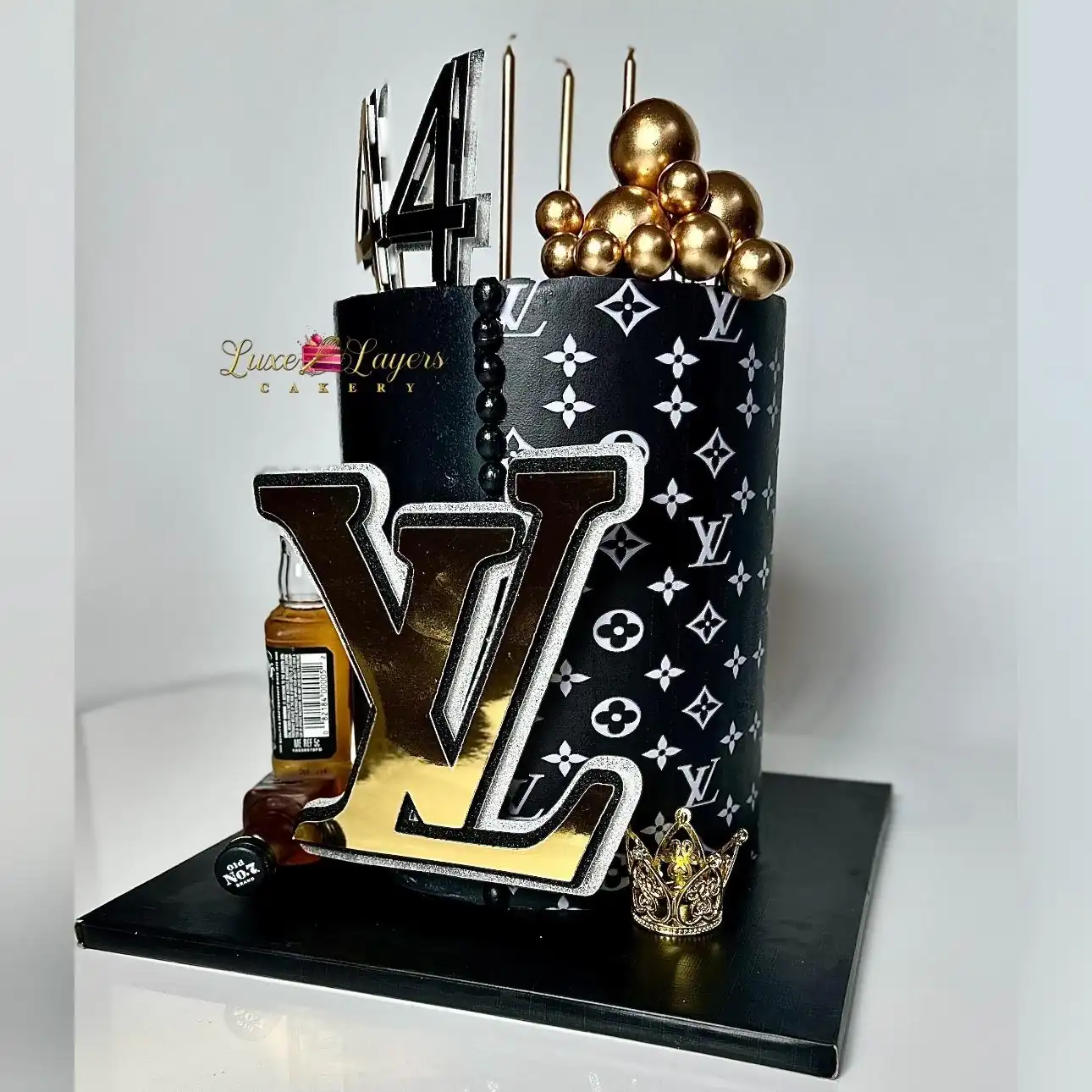 red velvet cake Miami luxury monogram gold crown design Luxe Layers Cakery