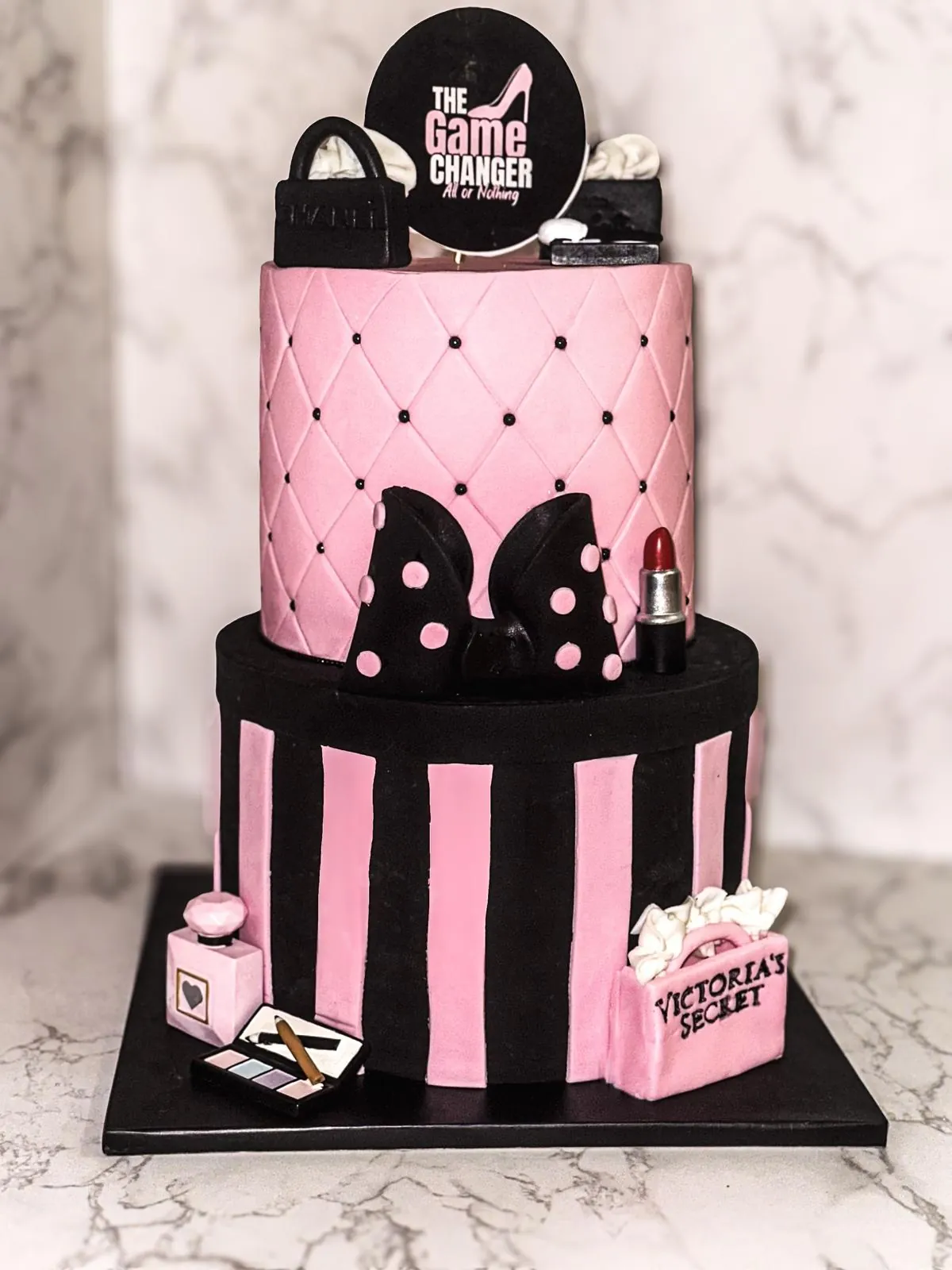 red velvet cake Miami pink black striped birthday design Luxe Layers Cakery