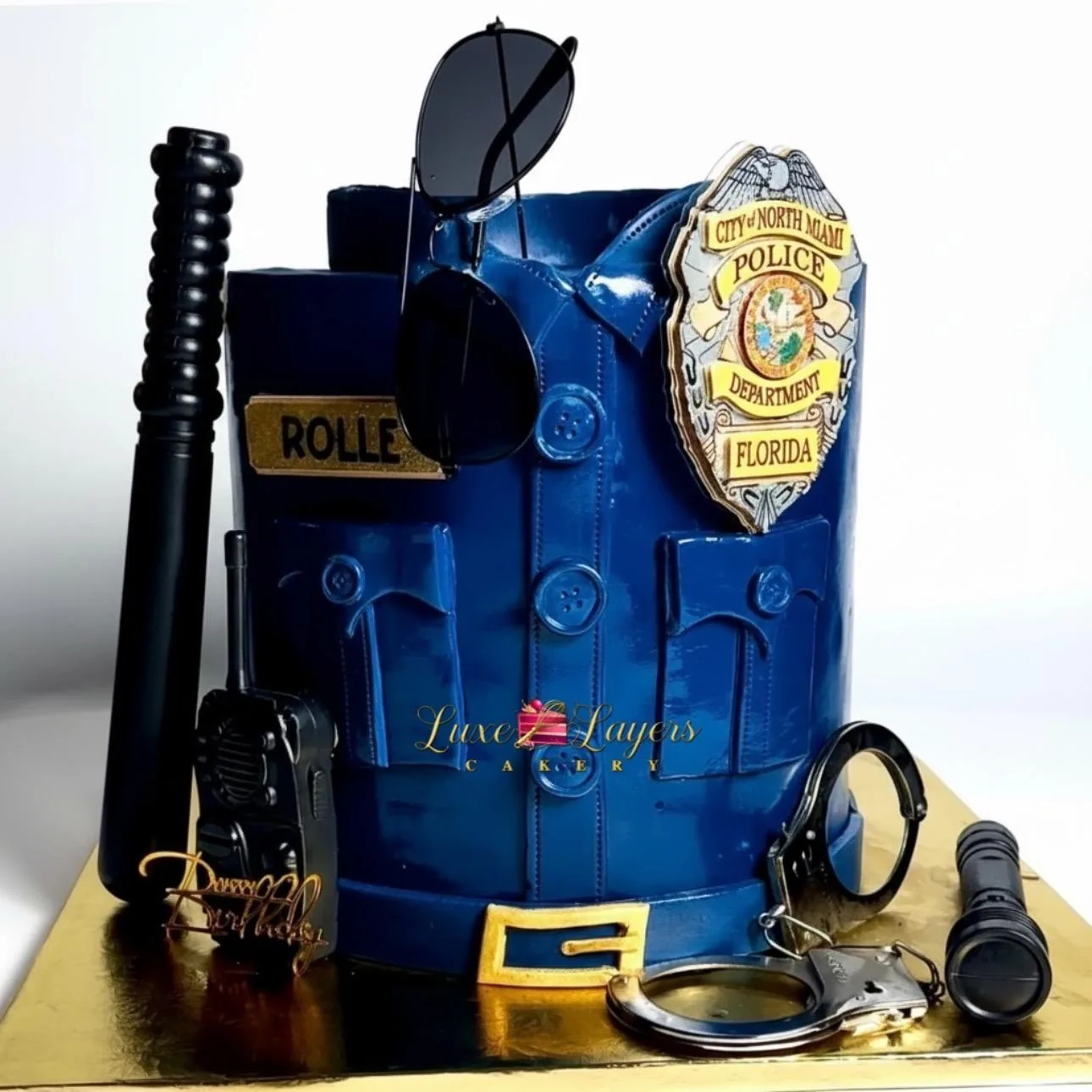 red velvet cake Miami police officer badge celebration design Luxe Layers Cakery