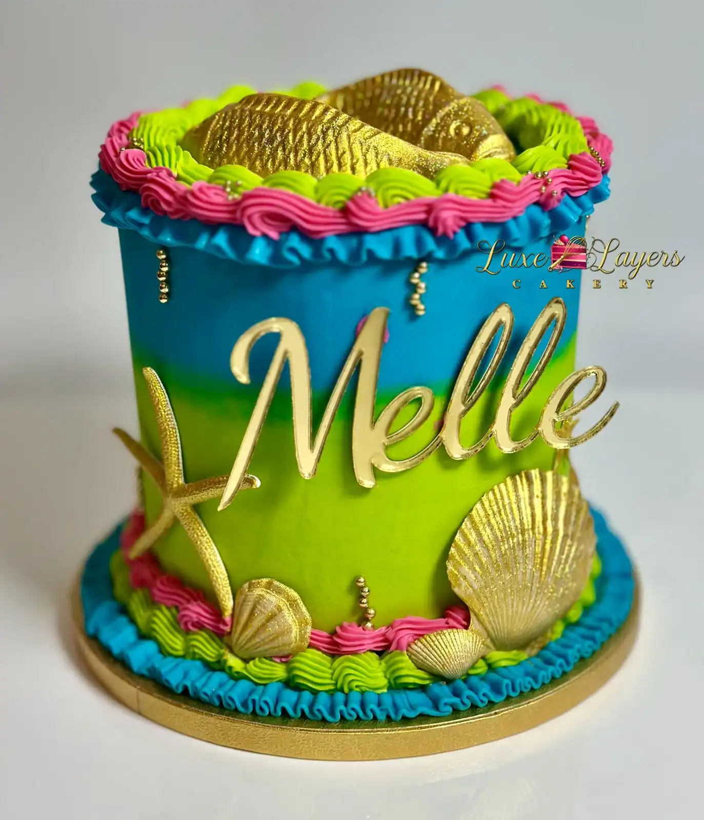 red velvet cake Miami teal custom script birthday design Luxe Layers Cakery