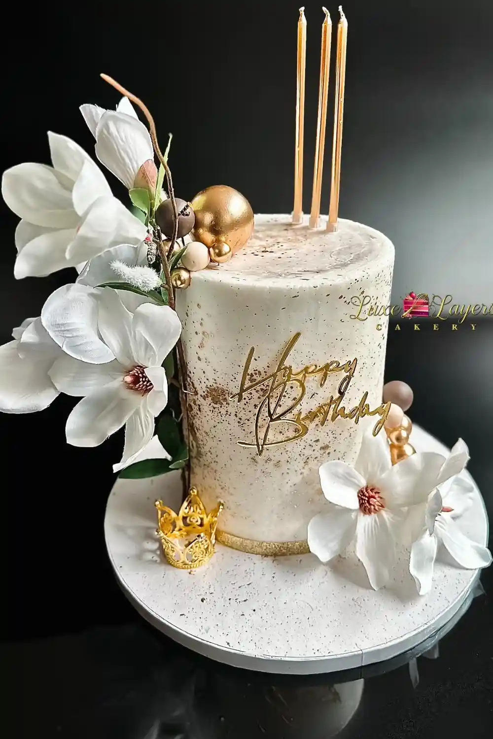 Aventura cake Miami ivory floral gold accent birthday design Luxe Layers Cakery
