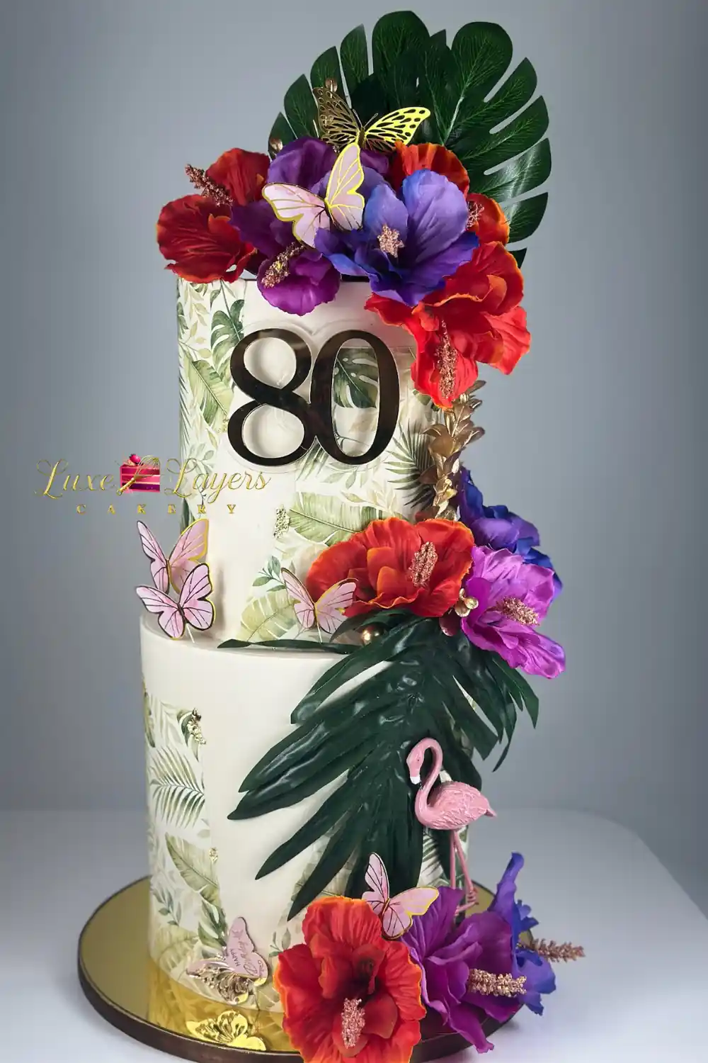 Aventura cake Miami elegant tropical floral 80th birthday design Luxe Layers Cakery