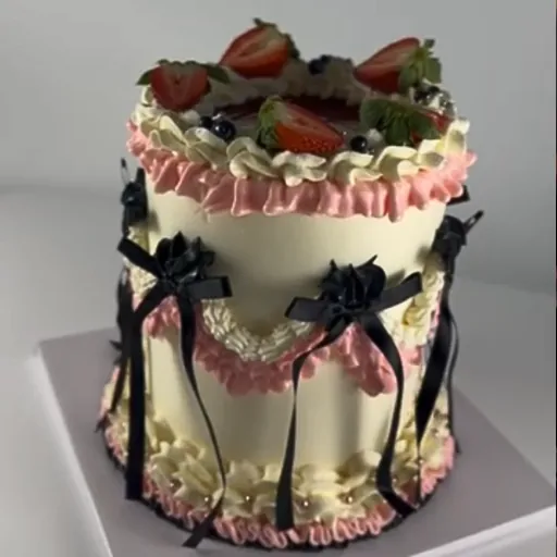 Hallandale Beach custom cake Miami real customer order finished black ribbon and pink ruffle detail Luxe Layers Cakery