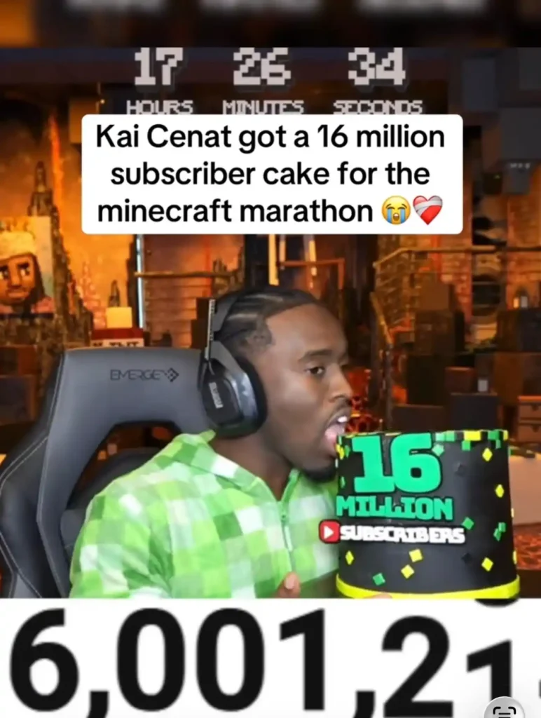 Kai Cenat reacting to his custom 16 million subscriber milestone cake live on stream, cake designed and delivered by Luxe Layers Cakery Miami.